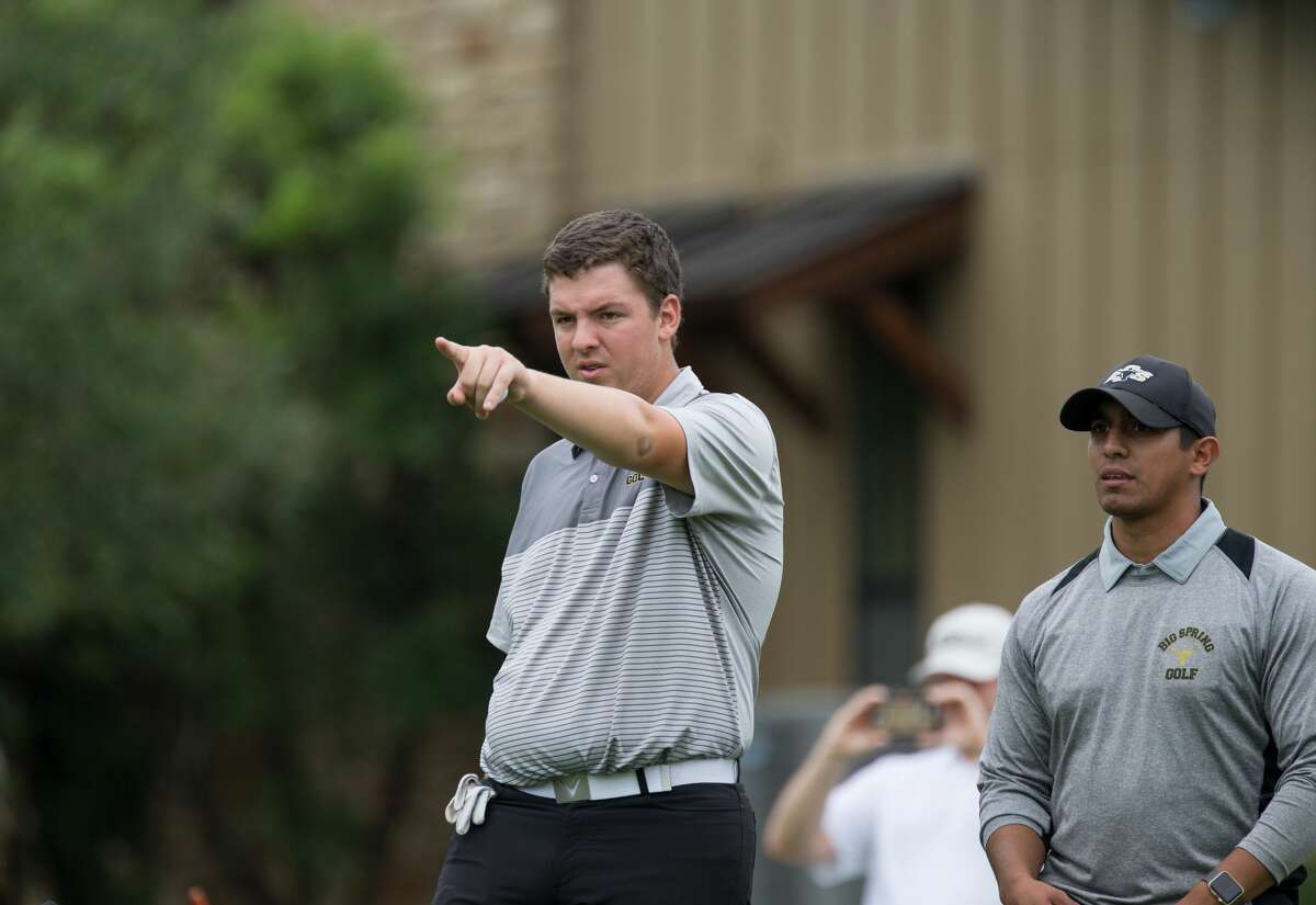 Big Spring High School's Nolan Otto (left) surveys the fairway from the No. 11 tee box during the opening round of the Class 4A boys state golf tournament at Apple Rock Golf Course in Horseshoe Bay, Texas, on Monday, May 22, 2017.