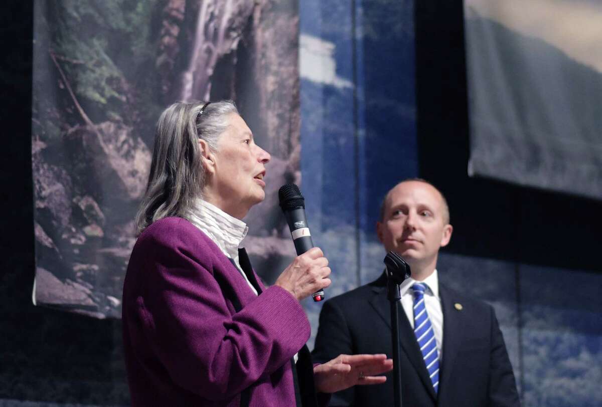 Carolyn Gerdin, left, addresses those gathered for an event in the Adirondack Room at the New York State Museum on Monday, May 22, 2017, in Albany, N.Y. The event was held to announce a land agreement that settled a centuries old land dispute between over 200 land owners and the State. Gerdin chaired the core committee of affected property owners in Raquette Lake. (Paul Buckowski / Times Union)
