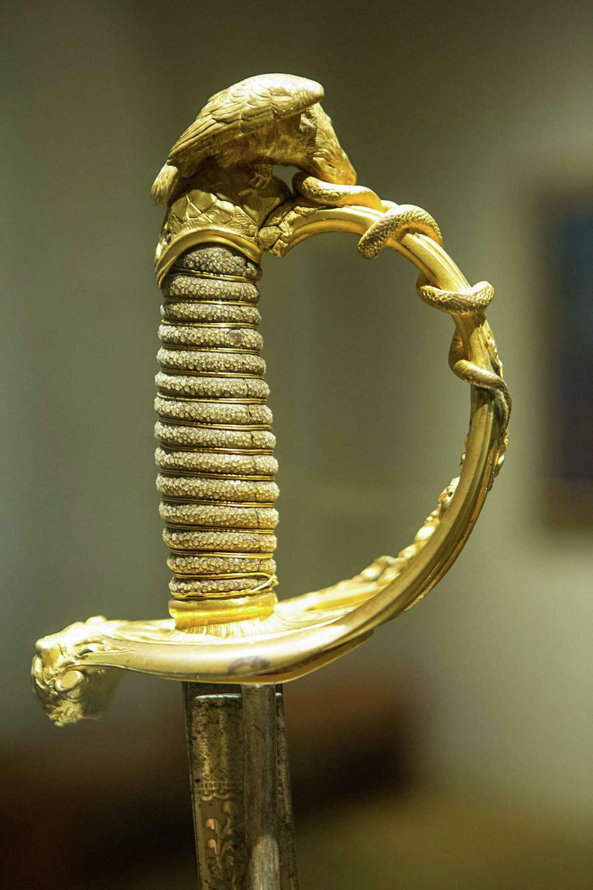 The hilt of the Santa Anna sword at the Briscoe Western Art Museum is by far the blade’s most distinguishing feature. It’s a sculpted homage to Mexico’s coat of arms, showcasing a hawk with a rattlesnake in its beak.