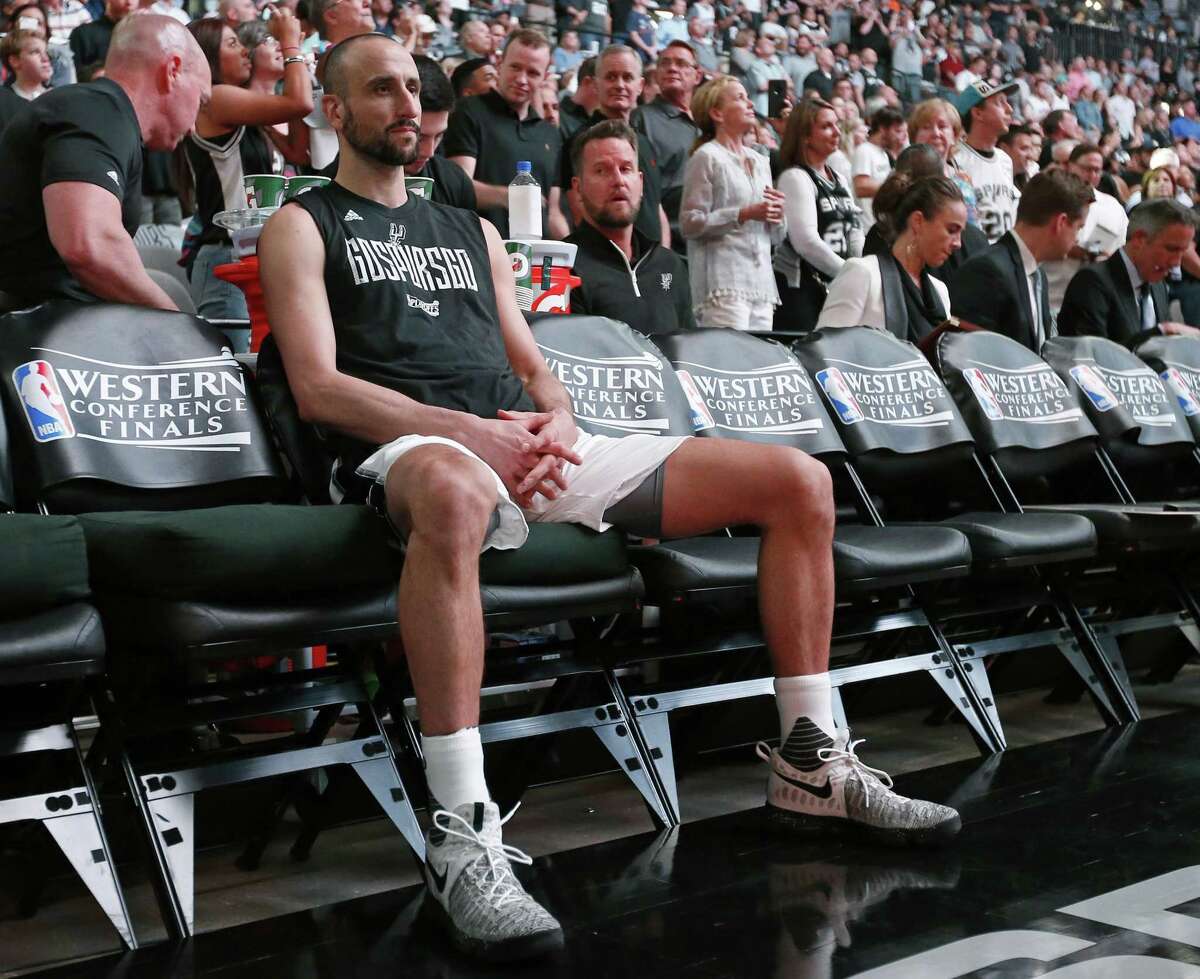 San Antonio Spurs’ Manu Ginobili sits on the bench during introductions before Game 4 of the Western Conference finals against the Golden State Warriors on May 22, 2017 at the AT&T Center.