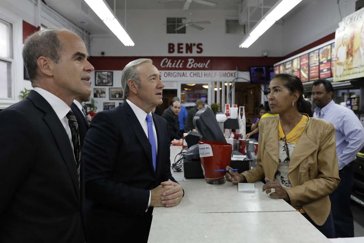 Kevin Spacey as President Underwood from Netflix's "House of Cards" visits Ben's Chili Bowl in Washington, D.C., May 22, 2017. 