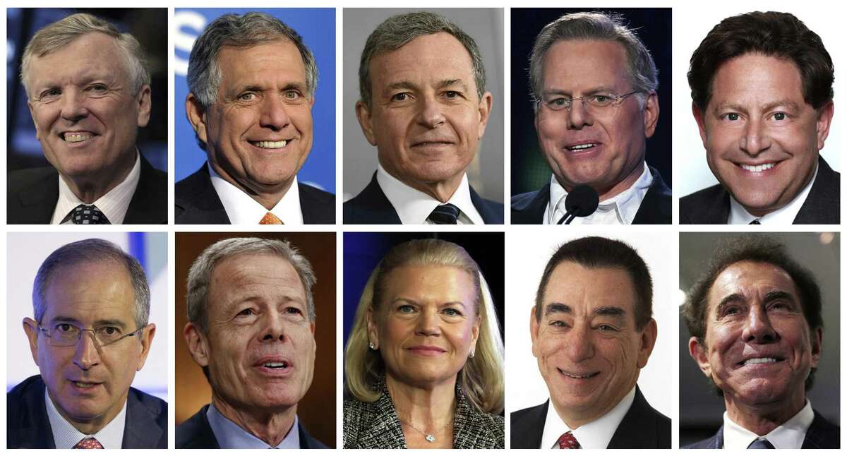 This photo combination shows the top 10 highest paid CEOs in 2016, according to a study carried out by executive compensation data firm Equilar and the Associated Press. On top row (from left): Charter Communications CEO Thomas Rutledge; CBS CEO Leslie Moonves; Walt Disney CEO Robert Iger; Discovery Communications CEO David Zaslav; and Activision Blizzard CEO Robert Kotick. On bottom row, (from left): Comcast CEO Brian Roberts; Time Warner CEO Jeffrey Bewkes; IBM CEO Virginia Rometty; Regeneron Pharmaceuticals CEO Leonard Schleifer; and Wynn Resorts CEO Stephen Wynn.