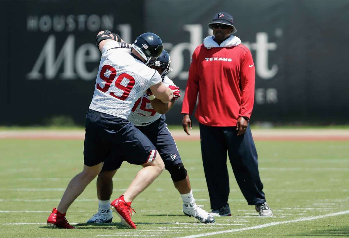 Houston Texans defensive end J.J. Watt (99) battles with defensive end Christian Covington (95) during the Houston Texans OTAs at the Methodist Training Center in Houston, TX on Tuesday, May 23, 2017.