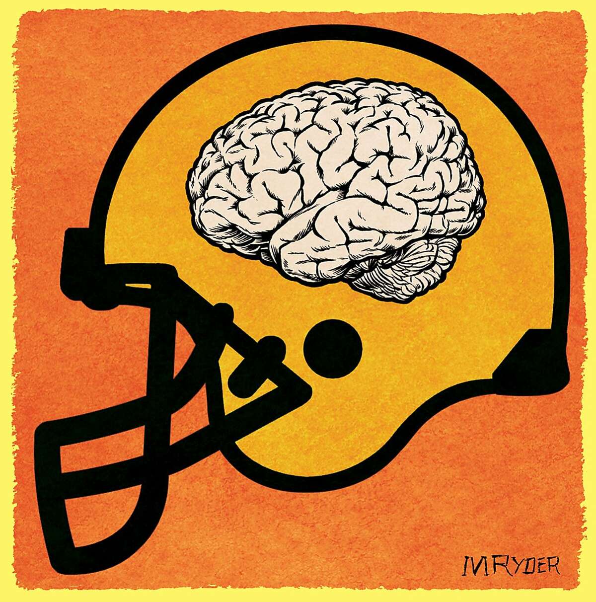 This artwork by M. Ryder relates to brain concussions suffered by football players.