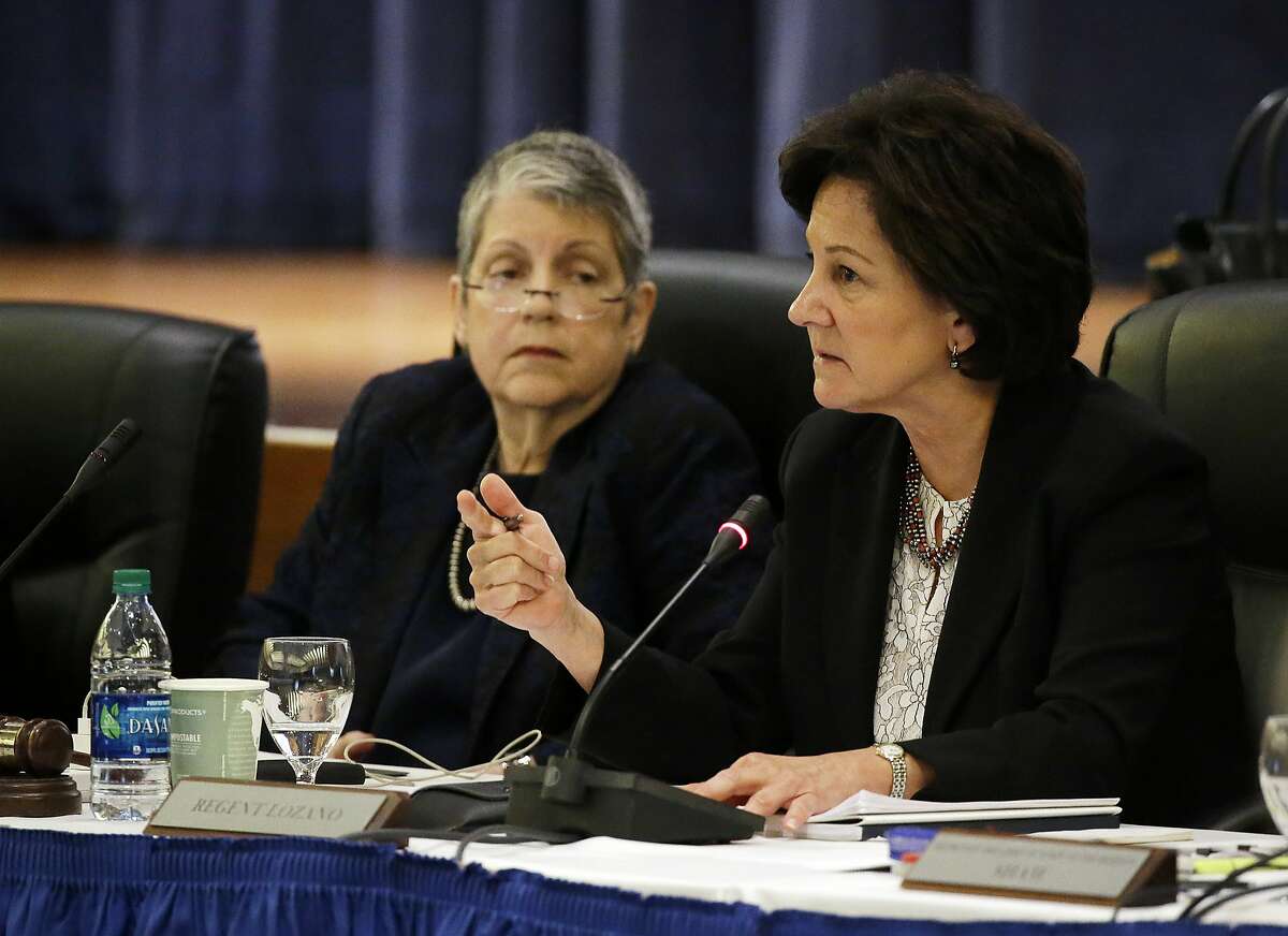 Regent Monica Lozano, right, questions state auditor Elaine Howle as University of California President Janet Napolitano, left, listens during a Board of Regents meeting Thursday, May 18, 2017, in San Francisco. The state auditor briefed the governing board Thursday on findings that UC administrators hid $175 million in a secret reserve fund even as the system raised tuition and sought more public funding. Howle says her office found murky budgeting practices in the office of UC President Janet Napolitano that failed to track expenditures and explain decision-making. (AP Photo/Eric Risberg)