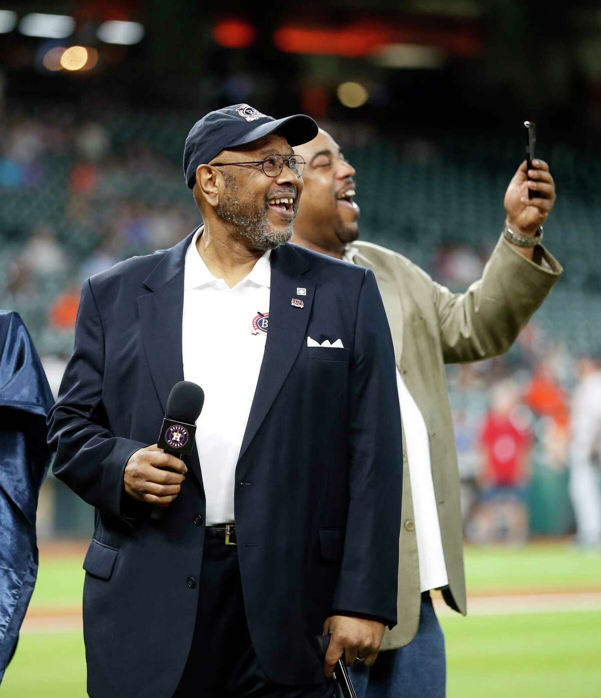 Bob Watson smiles as he watched a video tribute before being awarded the B.A.T. Lifetime Achievement award by MLB Commissioner Rob Manfred before the start of an MLB baseball game at Minute Maid Park, Tuesday, May 23, 2017.