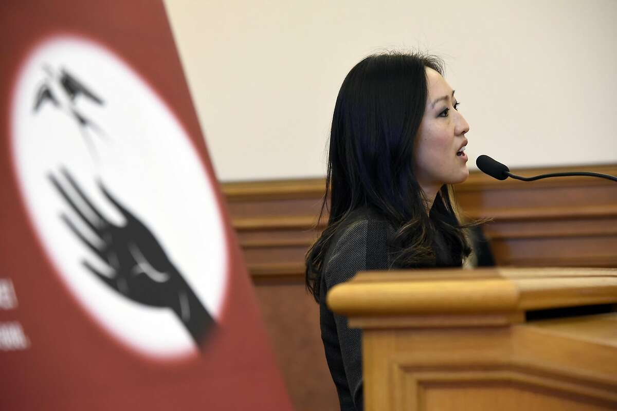 San Francisco supervisor Katy Tang speaks after receiving an award during a San Francisco Collaborative Against Human Trafficking ceremony held at City Hall in San Francisco, CA on Tuesday, January 12, 2016.