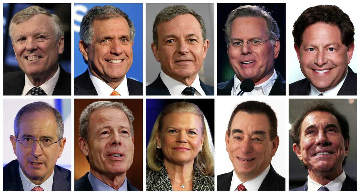 This photo combination of images shows the top 10 highest paid CEOs in 2016, according to a study carried out by executive compensation data firm Equilar and The Associated Press. On top row, from left: Charter Communications CEO Thomas Rutledge; CBS CEO Leslie Moonves; Walt Disney CEO Robert Iger; Discovery Communications CEO David Zaslav; and Activision Blizzard CEO Robert Kotick. On bottom row, from left: Comcast CEO Brian Roberts; Time Warner CEO Jeffrey Bewkes; IBM CEO Virginia Rometty; Regeneron Pharmaceuticals CEO Leonard Schleifer; and Wynn Resorts CEO Stephen Wynn. (AP Photo) ORG XMIT: NYBZ800