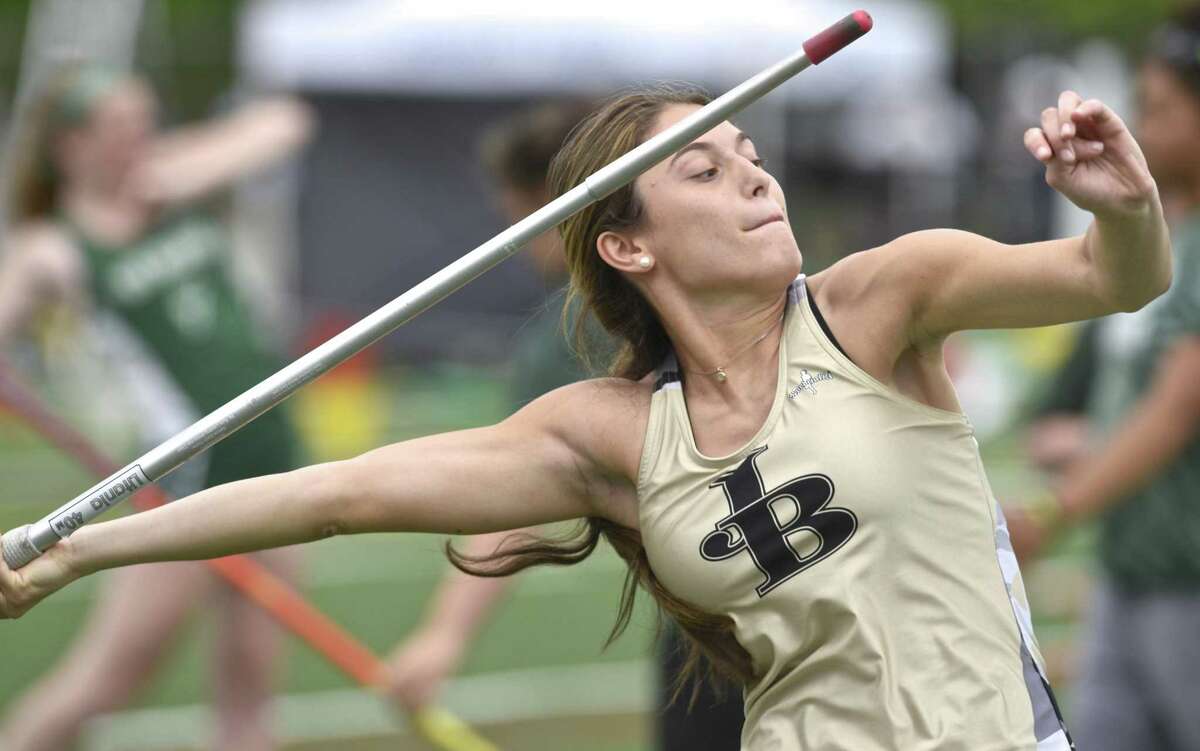 Marisa Gregory, Joel Barlow High School, competes in the javelin during the SWC Girls and Boys track championships on Tuesday, May 23, 2017, at New Milford High School, in New Milford, Conn.