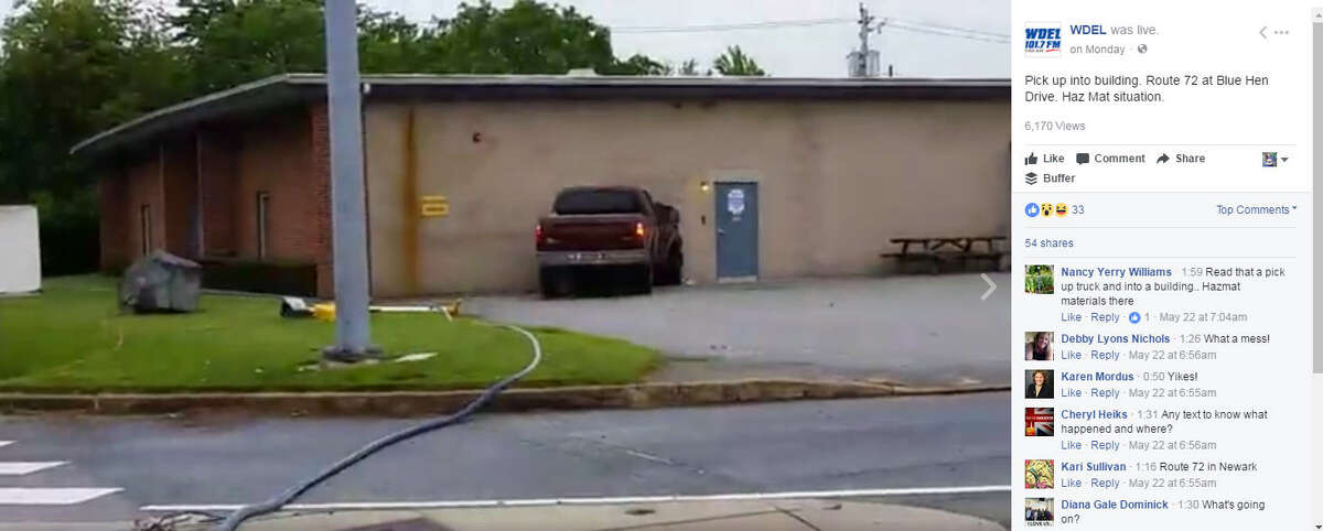 A pick up truck plows into the AnalTech building. (WDEL/Facebook) >>Keep clicking for some awesomely weird Texas town names...