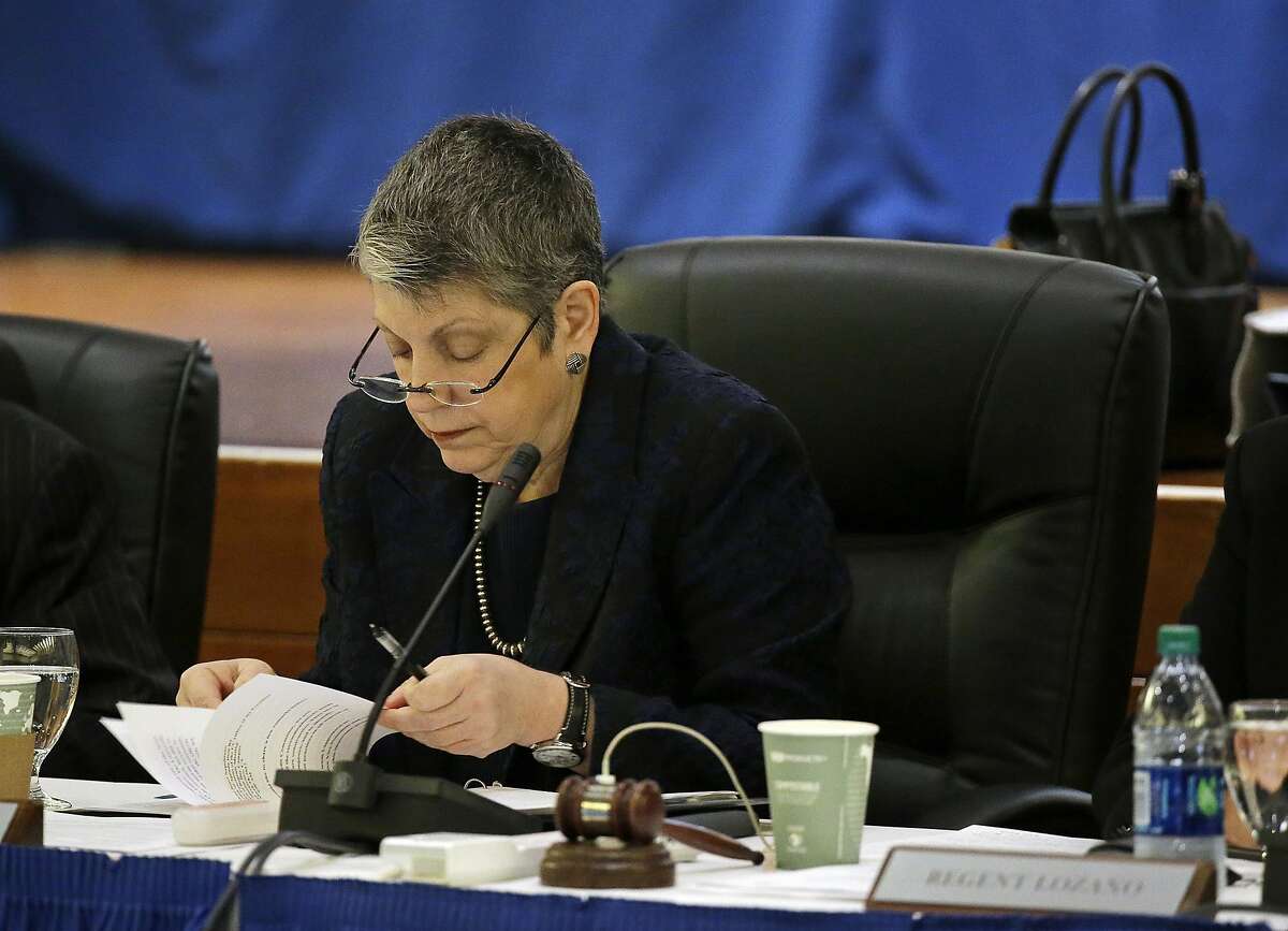 University of California President Janet Napolitano reads through papers during the public comment period of the Board of Regents meeting Thursday, May 18, 2017, in San Francisco. California's state auditor briefed the governing board Thursday on findings that UC administrators hid $175 million in a secret reserve fund even as the system raised tuition and sought more public funding. Howle says her office found murky budgeting practices in the office of UC President Janet Napolitano that failed to track expenditures and explain decision-making. (AP Photo/Eric Risberg)