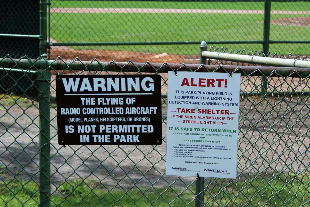 A Mead Park sign prohibiting the use of drones in the park, on May 23, 2017 in New Canaan, Conn.
