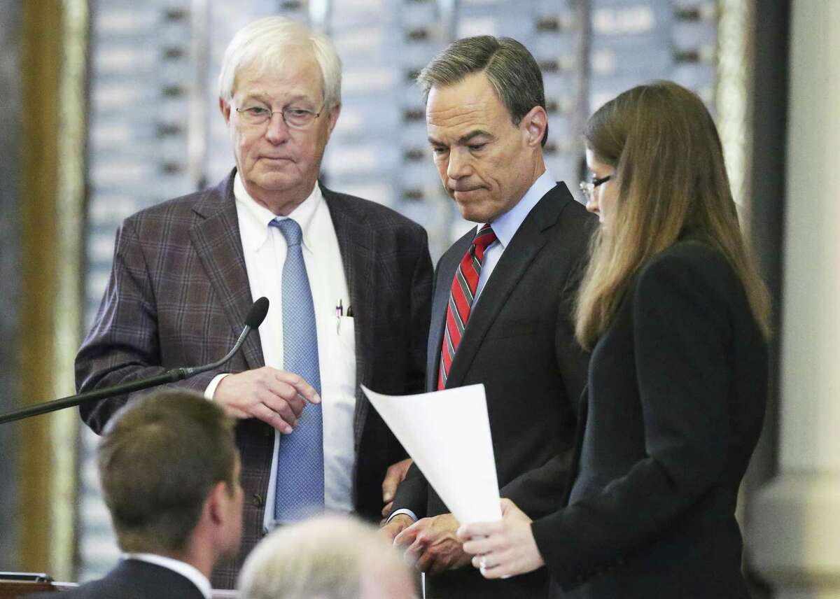 House Speaker Joe Straus hears a point of order made which caused a postponement of property tax legislation on the floor of the House at the Texas Capitol on May 18, 2017.property tax legislation is considered on the floor of the House at the Texas Capitol on May 18, 2017. Representative Charlie Geren, R-Fort Worth stands with the speaker .