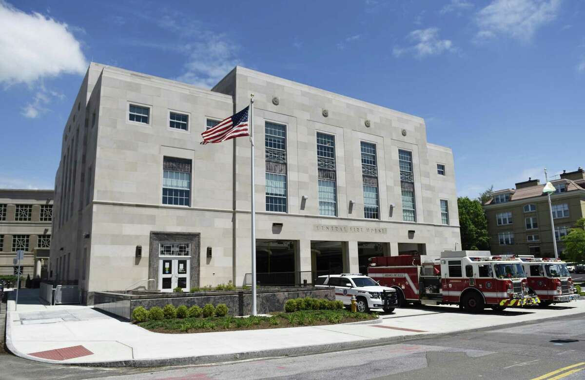Fire engines sit outside the Central Fire Station after its official opening in Greenwich, Conn. Wednesday, May 24, 2017. The $17.1 million firehouse officially opened Wednesday following a ribbon-cutting ceremony. The fire station, which houses a ladder truck, engine company and administrative offices, connects to the police station to form the Public Safety Complex.