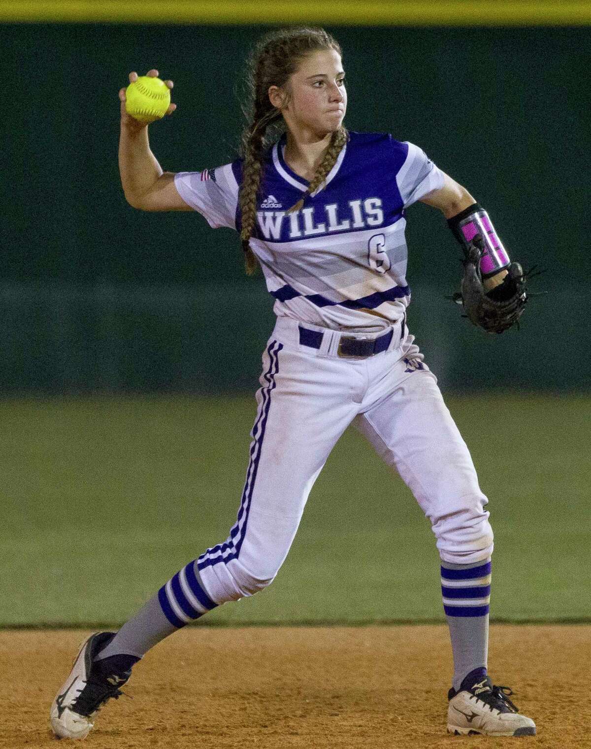 Willis second baseman Hannah Earls (6) throws out Ronnie Grofman #9 of Kingwood Park during the fifth inning in Game 3 of a Region III-5A semifinal series Friday, May 19, 2017, in Willis.