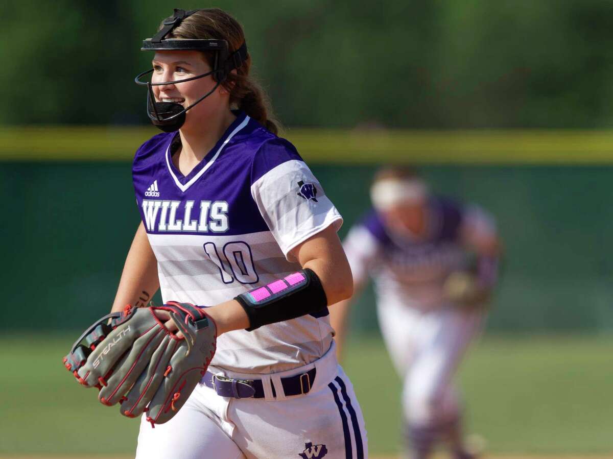 Willis starting pitcher Casey Dixon (10) smiles after striking out Maddie Forrester #5 of Kingwood Park to end the top of the first inning in Game 2 of a Region III-5A semifinal series Friday, May 19, 2017, in Willis.