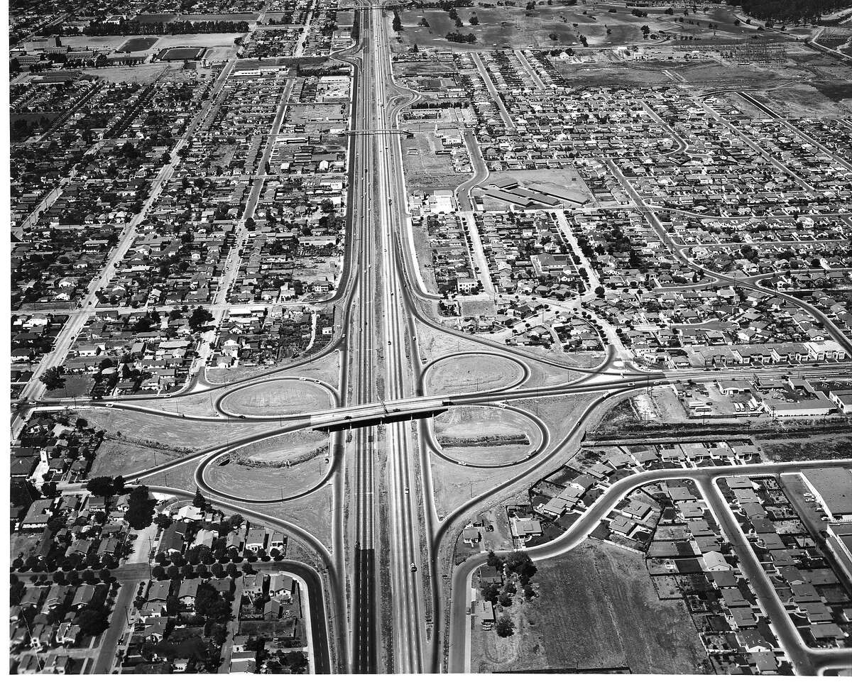Looking North in San Mateo, with the Bayshore Freeway's 3rd Avenur overpass in the foreground, September 1954 Handout Photo courtesy of California Division of Highways