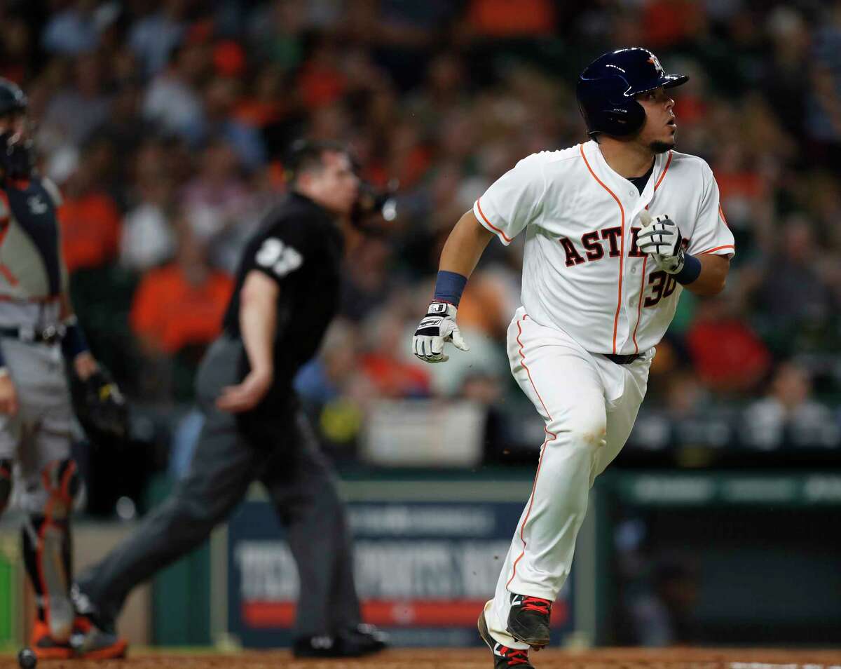 Houston Astros catcher Juan Centeno (30) watches his ball leave the park for a home run during the fourth inning of an MLB baseball game at Minute Maid Park, Tuesday, May 23, 2017. ( Karen Warren / Houston Chronicle )