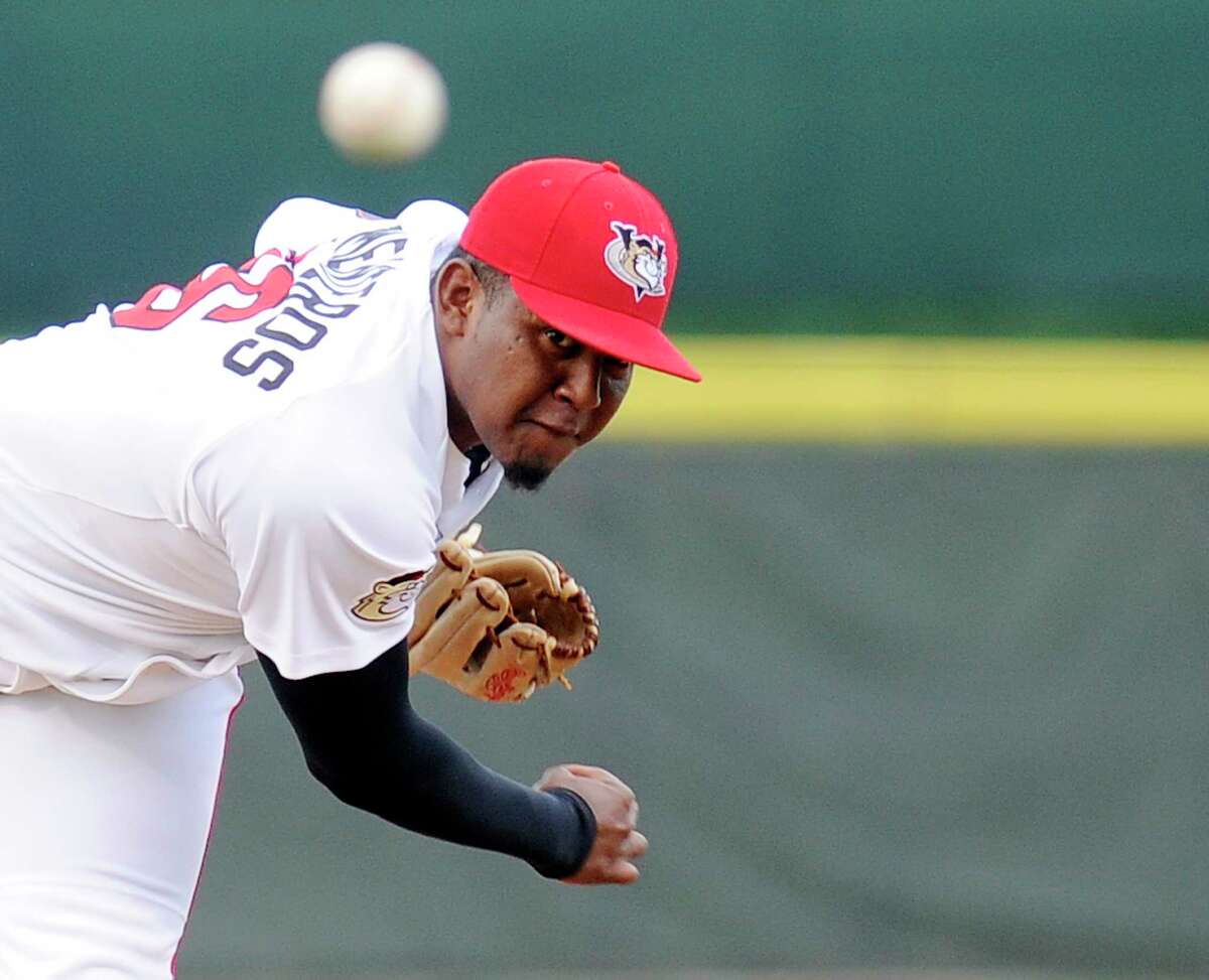 Tri-City ValleyCats Rogelio Armenteros pitches against the West Virginia Black Bears during their baseball game in Troy, N.Y., Tuesday, July 28, 2015. (Hans Pennink / Special to the Times Union)