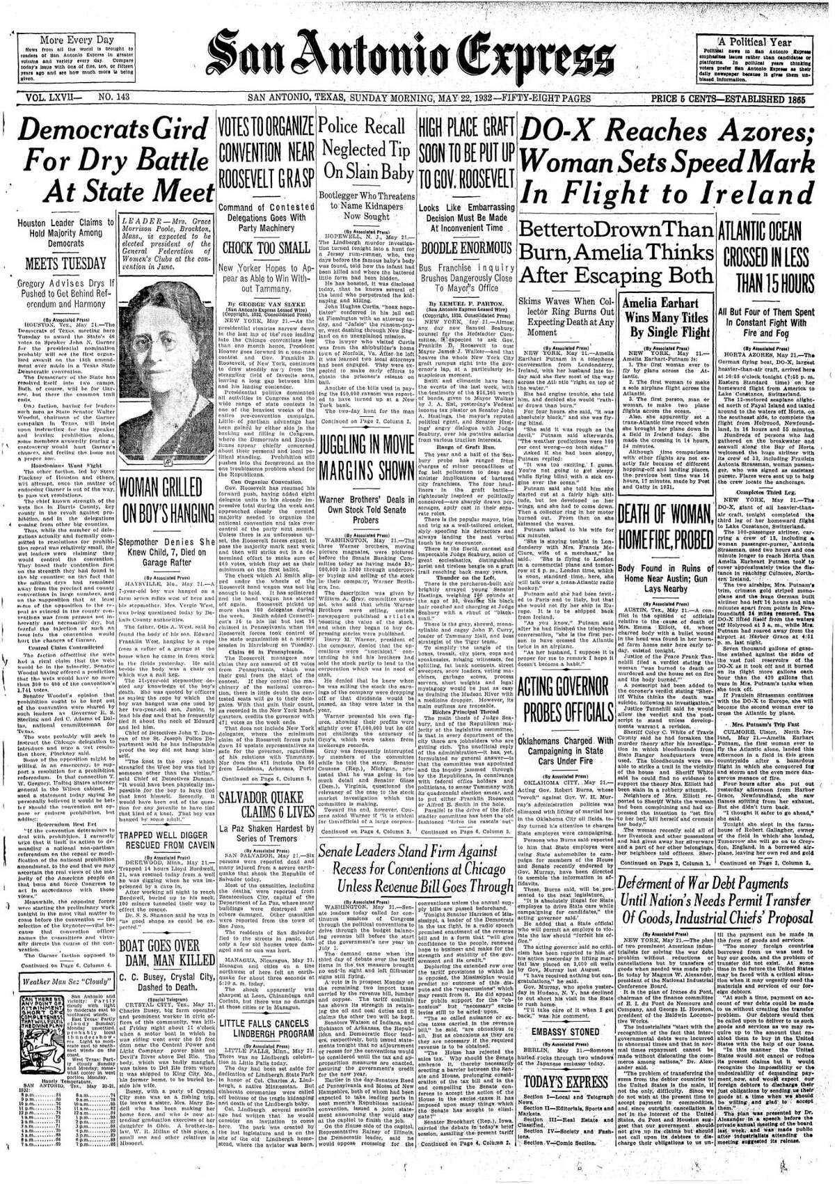 Front page May 22, 1932. Aviatrix Amelia Earhart becomes not only the first woman to fly across the Atlantic but does it solo as well. Newspaper accounts from the time referred to her as Amelia Earhart, or simply Amelia, in headlines, and by her married name, Putnam, on second reference, in text.