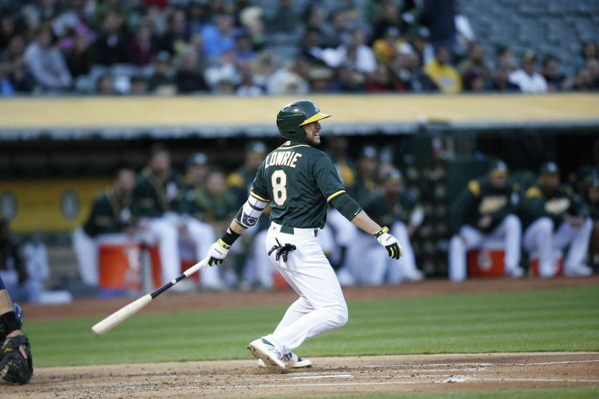 OAKLAND, CA - APRIL 20: Jed Lowrie #8 of the Oakland Athletics bats during the game against the Seattle Mariners at the Oakland Alameda Coliseum on April 20, 2017 in Oakland, California. The Athletics defeated the Mariners 9-6. (Photo by Michael Zagaris/Oakland Athletics/Getty Images)