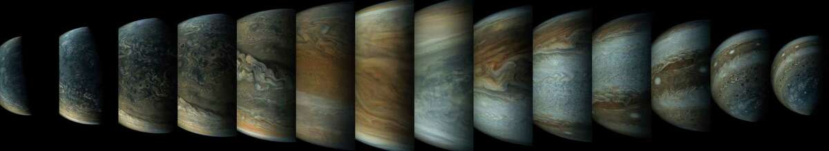 This image is a sequence of enhanced-color images showing how quickly the viewing geometry changes for NASA’s Juno spacecraft as it swoops by Jupiter.