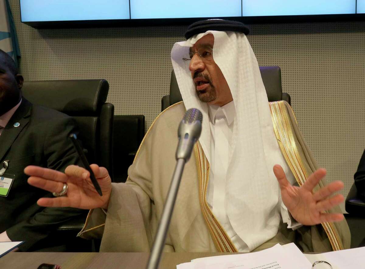 Khalid Al-Falih Minister of Energy, Industry and Mineral Resources and President of the OPEC Conference of Saudi Arabia speaks to journalists prior to the start of a meeting of the Organization of the Petroleum Exporting Countries, OPEC, at their headquarters in Vienna, Austria, Thursday, May 25, 2017. (AP Photo/Ronald Zak)