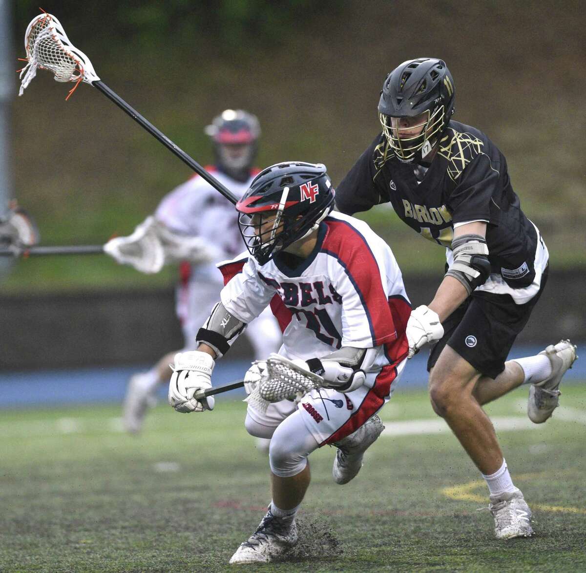 SWC boys lacrosse championship game between Joel Barlow and New Fairfield high schools, on Thursday night, May 25, 2017, at Newtown High School, Newtown, Conn.