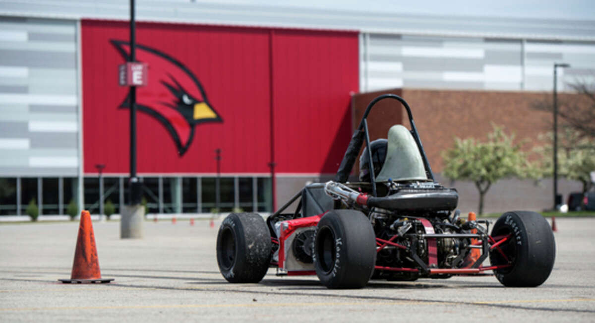 Mike Randolph | SVSU Saginaw Valley State University's Cardinal Formula Racing team tested its Indy-style race car on campus May 3 in advance of the Formula Society of Automotive Engineers Collegiate Design Series May 10-13 at Michigan International Speedway.