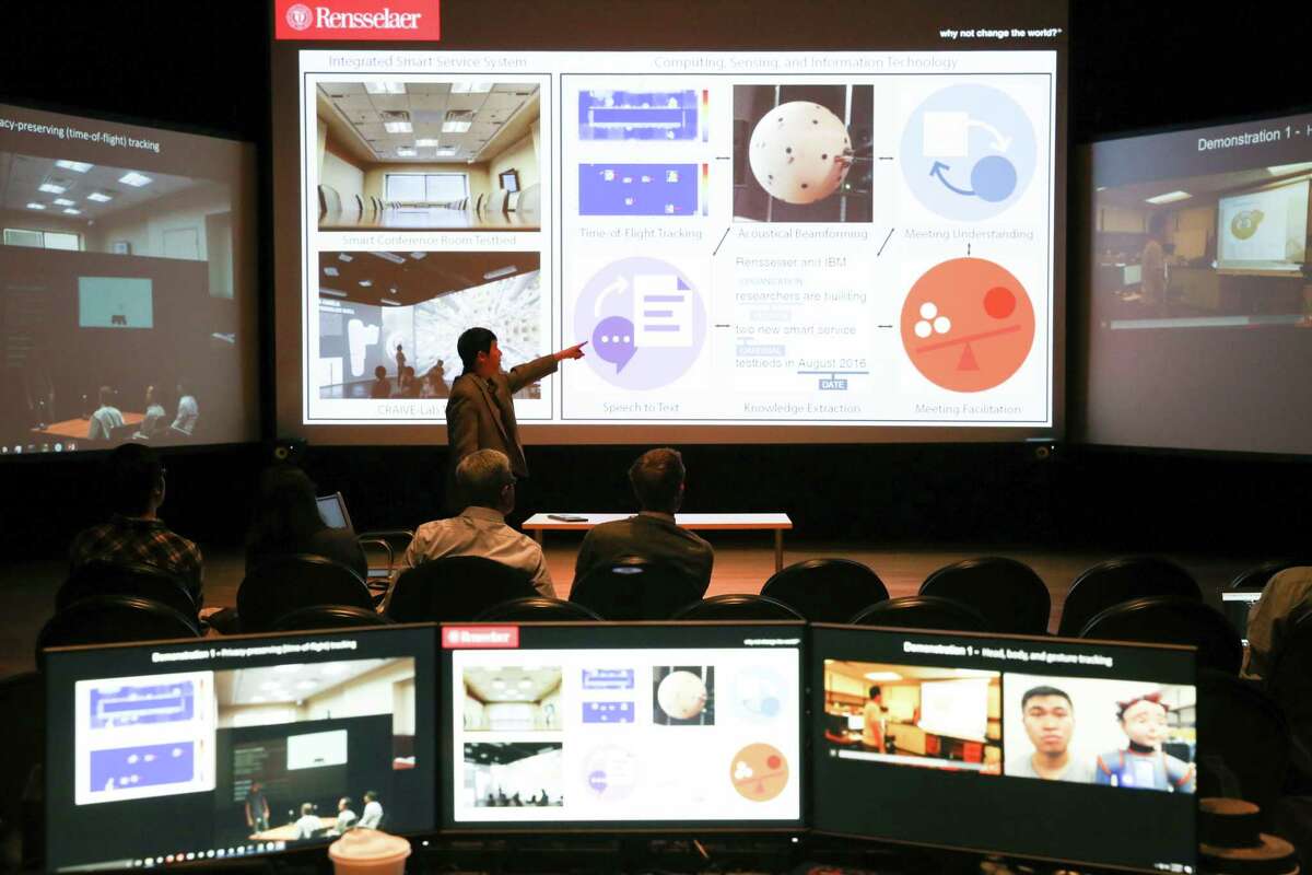 Students at Rensselaer Polytechnic Institute demonstrate a new "situations room" that is connected the the Watson supercomputer from IBM.