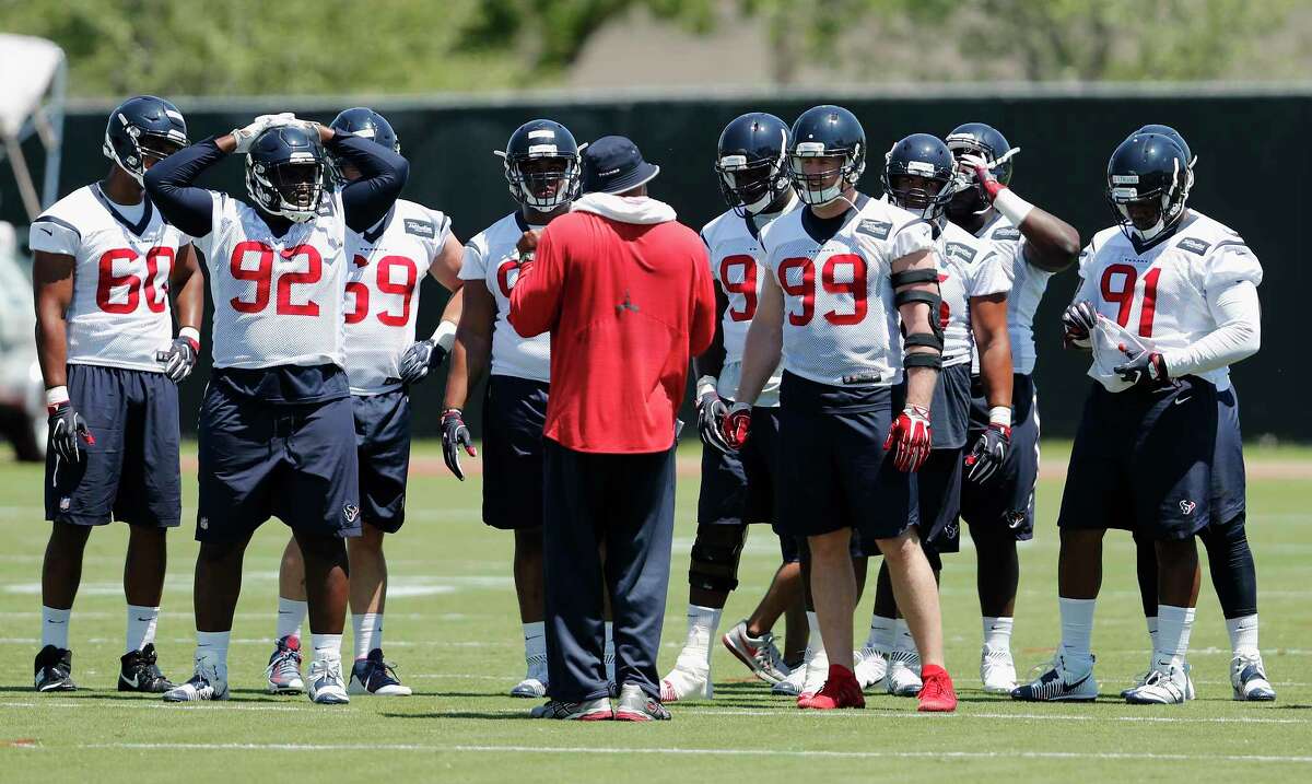 The Houston Texans defensive line including Houston Texans defensive end J.J. Watt (99) and defensive end Brandon Dunn (92) during the Houston Texans OTAs at the Methodist Training Center in Houston, TX on Tuesday, May 23, 2017.