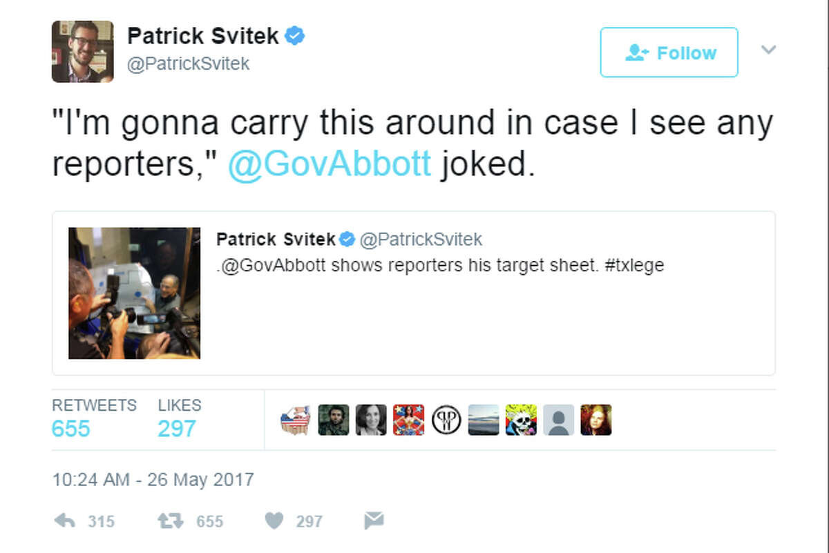 @PatrickSvitek: "I'm gonna carry this around in case I see any reporters," @GovAbbott joked.