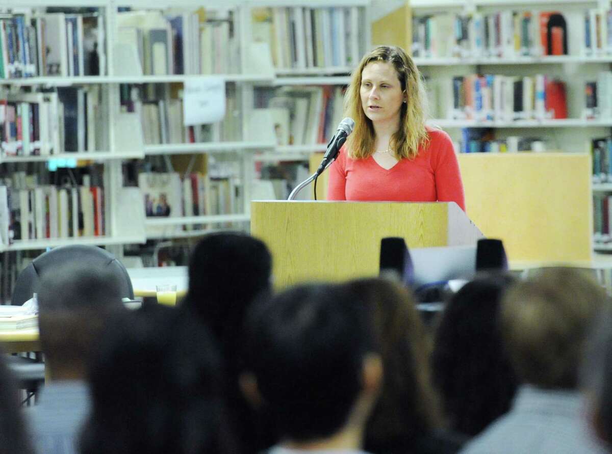 GHS Media Specialist Alexandra Stevens spoke during the annual GHS Junior Book Awards ceremony in the media center at Greenwich High School, Conn., Thursday, May 25, 2017.