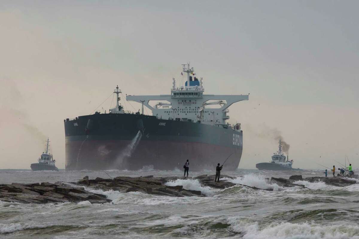 The largest tanker to dock in a Gulf of Mexico port travels threw the Port of Corpus Christi shipping channel in Port Aransas, Texas, on Friday, May 26, 2017. (Courtney Sacco/Corpus Christi Caller-Times via AP)