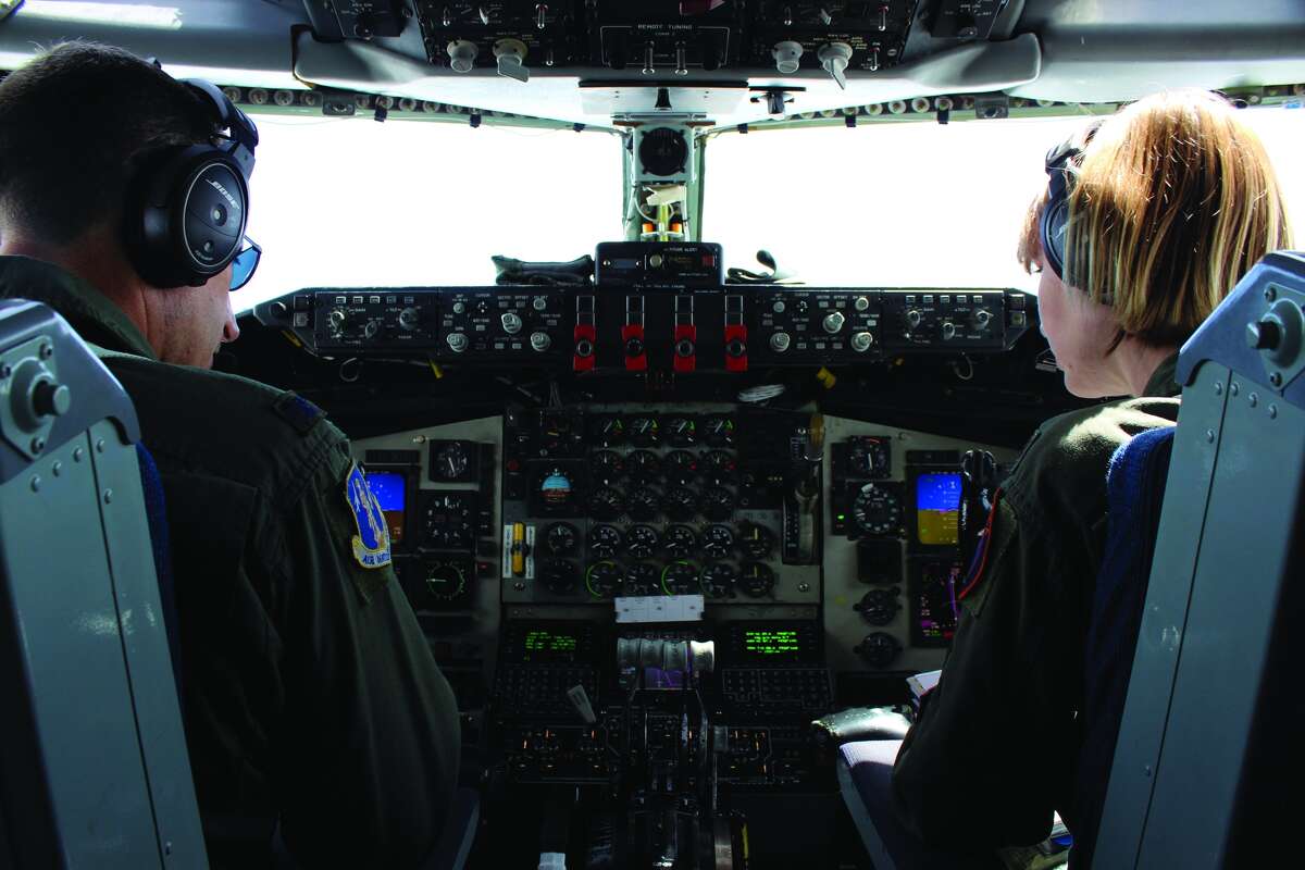 Pilot Tom Jackson and co-pilot Major Viveca Lane directed Tuesday’s in-air refueling flight in a KC-135 Stratotanker.