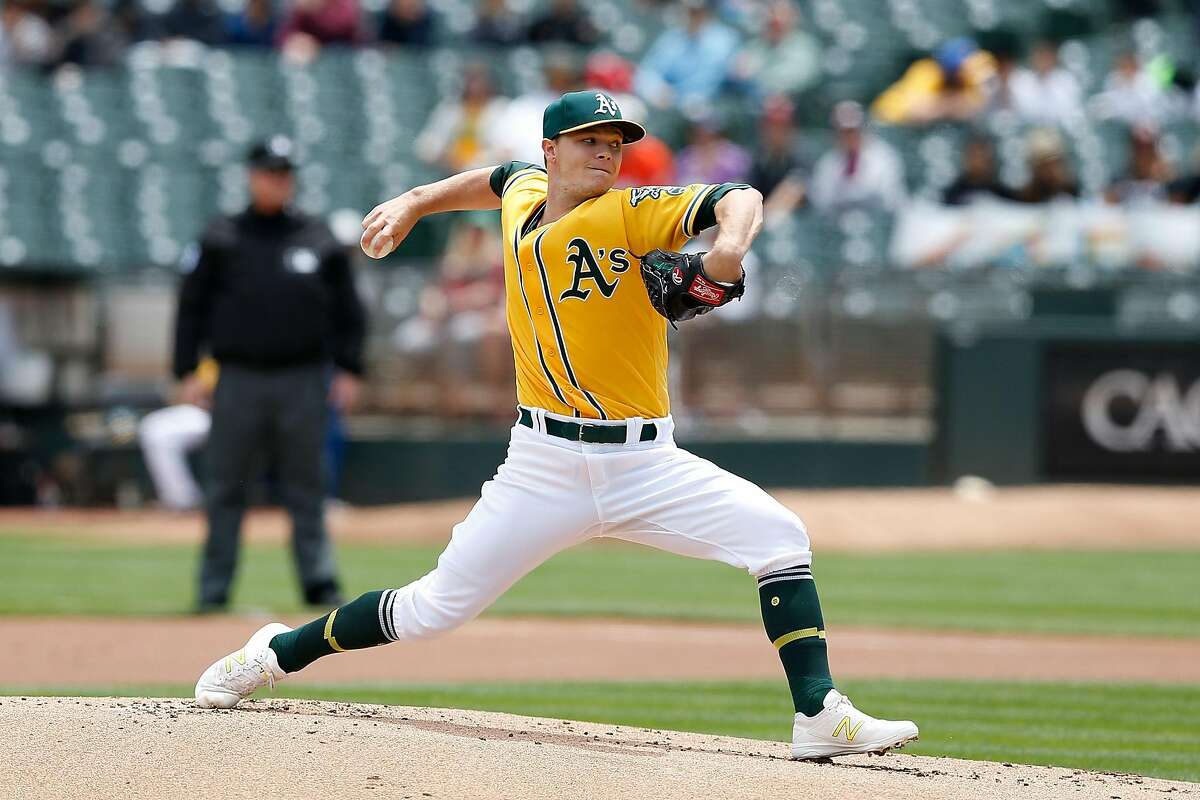 Sonny Gray pitches for the A's in the first inning against the Miami Marlins on May 24, 2017 in Oakland.