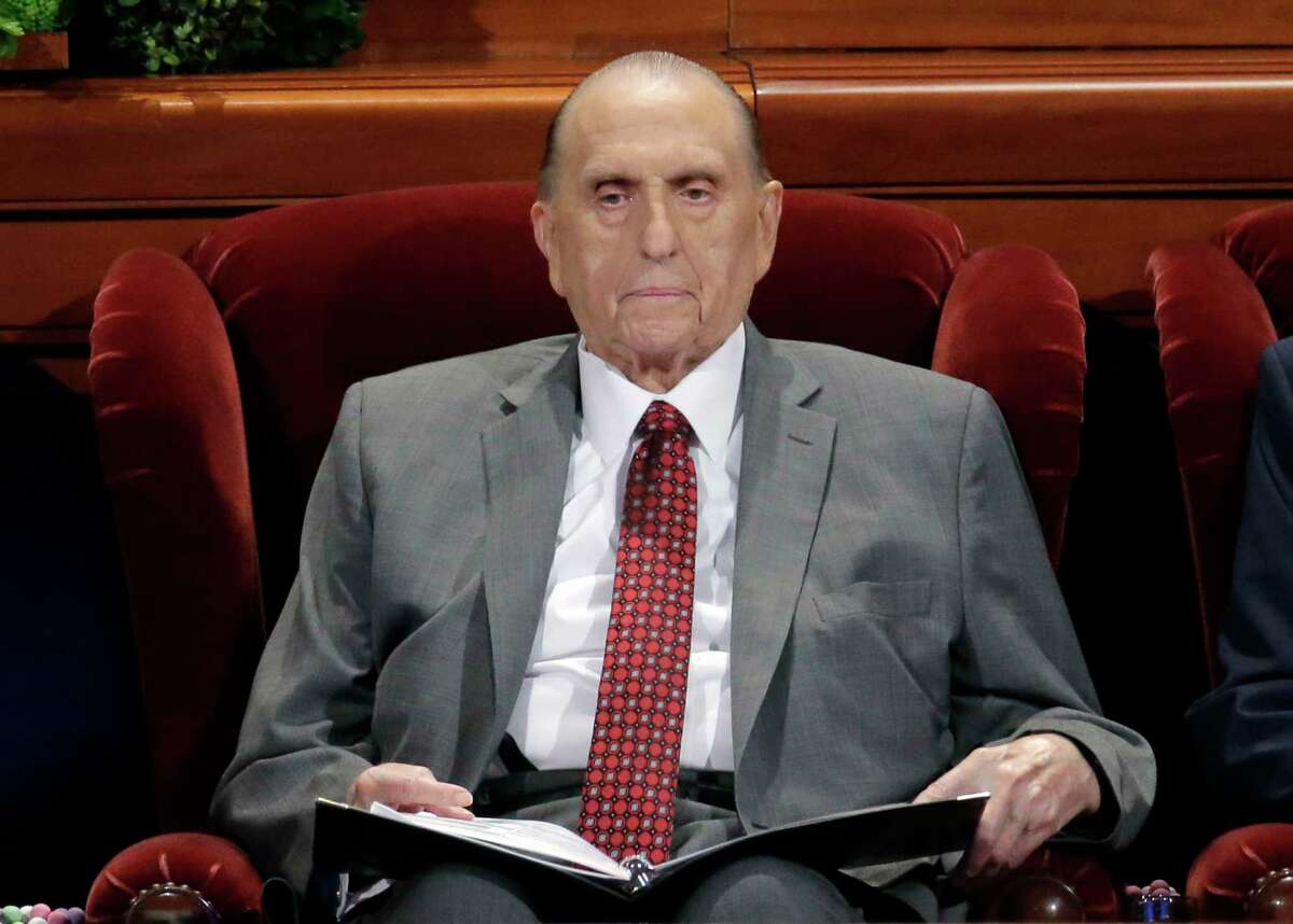 FILE - This April 1, 2017 file photo shows Thomas M. Monson, president of the Church of Jesus Christ of Latter-day Saints, at the two-day Mormon church conference in Salt Lake City. Mormon officials said Monson is no longer coming to meetings at church offices regularly because of limitations related to his age. Eric Hawkins, a spokesman for The Church of Jesus Christ of Latter-day Saints, said Tuesday, May 23, 2017, in a statement that Monson communicates with fellow leaders on matters as needed. (AP Photo/Rick Bowmer, File)
