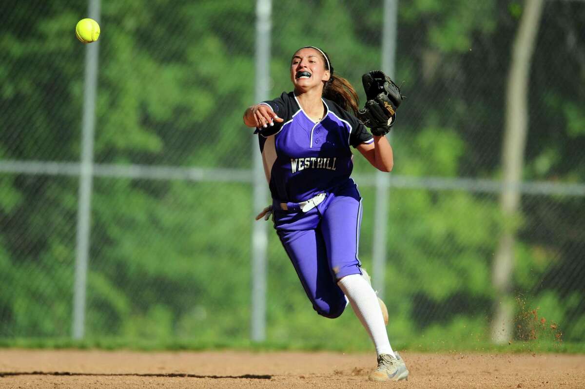 Westhill shortstop Gabriella Laccona fires a bullet to first base after cleanly fielding a sharp ground ball during the varsity softball game against Stamford High at Allyson Rioux Field in Stamford, Conn. on Monday, May 15, 2017.