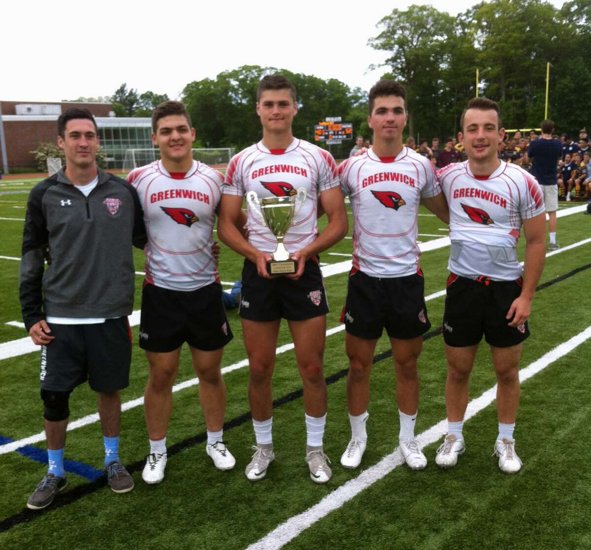 From left to right, Patrick McTiernan, Alex Nanai, Ian Pearson and Connor Weigold served as captains of the Greenwich High School rugby team, which captured the state championship with a 52-40 win over Simsbury Saturday, May 27, 2017 at Fairfield Ludlowe High School.