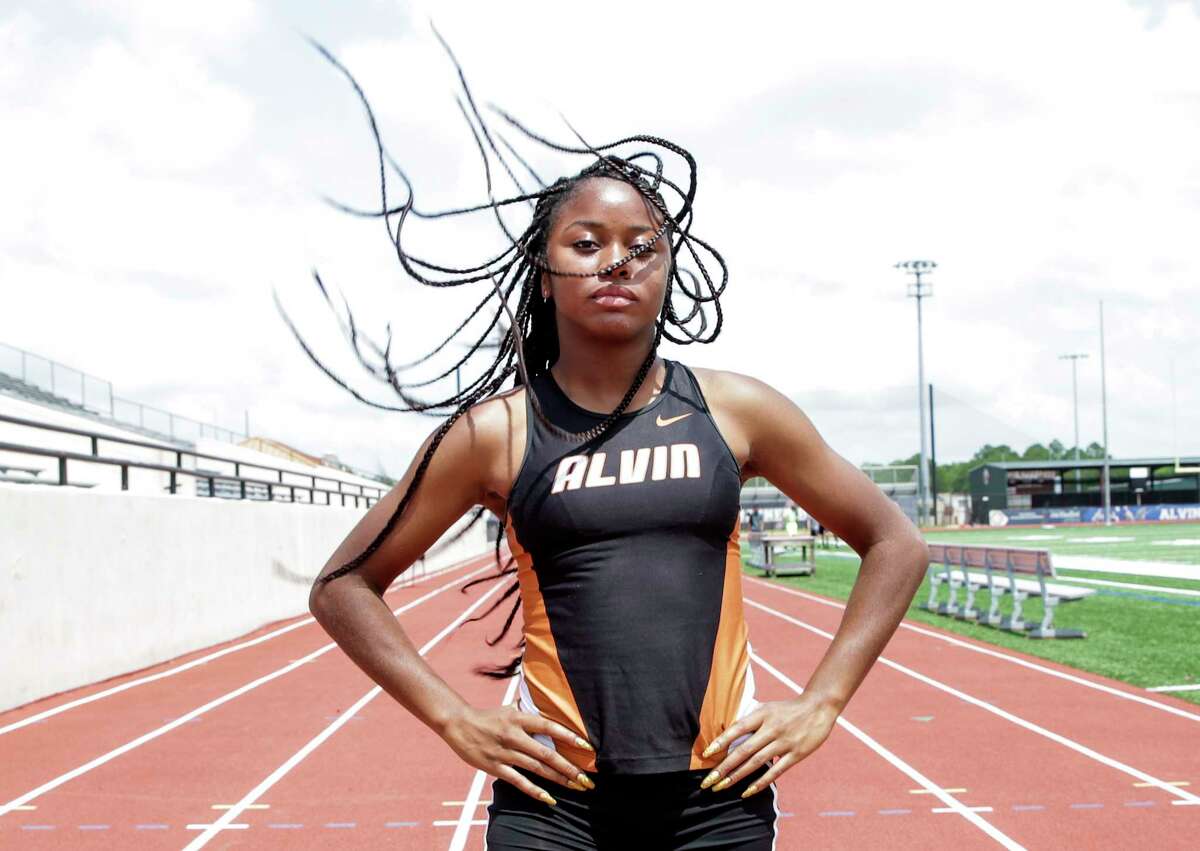 Alvin High School junior Kynnedy Flannel poses for photos on her school's track. Flannel is the Houston Chronicle's All-Greater Houston girls track athlete of the year.Thursday, May 18, 2017, in Alvin. ( Elizabeth Conley / Houston Chronicle )
