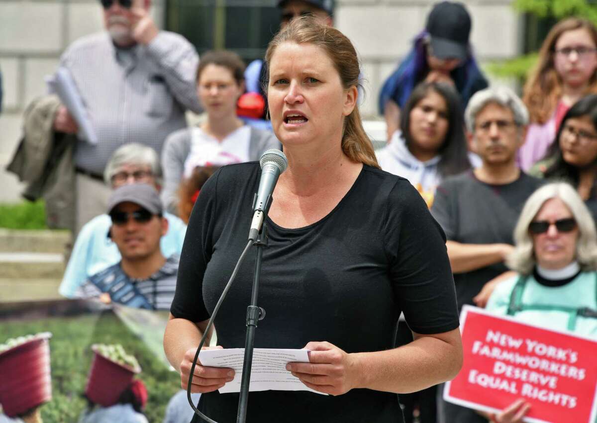 Jody Bolluyt of Roxbury Farm speaks during a rally outside the Capitol to advocate for the Farmworker Fair Labor Practices Act Tuesday May 23, 2017 in Albany, NY. (John Carl D'Annibale / Times Union)