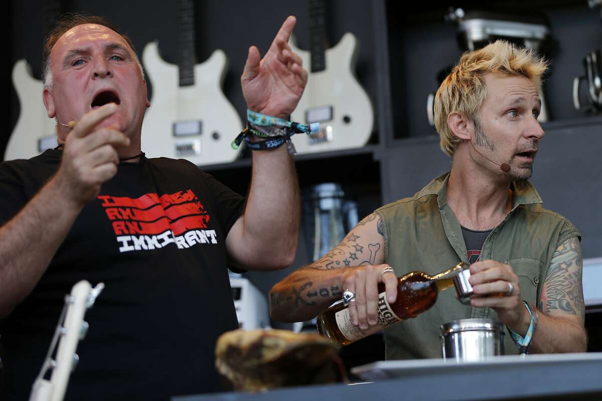 From left: Chef Jose Andres and Green Day�s Mike Dirnt during a culinary demonstration at BottleRock on Saturday, May 27, 2017, in Napa, Calif.
