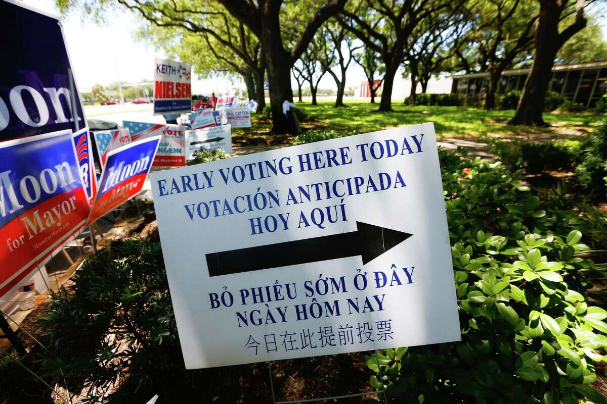 Candidate signs fill the sidewalk in front of the Pasadena City Hall on the last day of early voting, Tuesday, May 5, 2017, in Pasadena. (Mark Mulligan / Houston Chronicle)