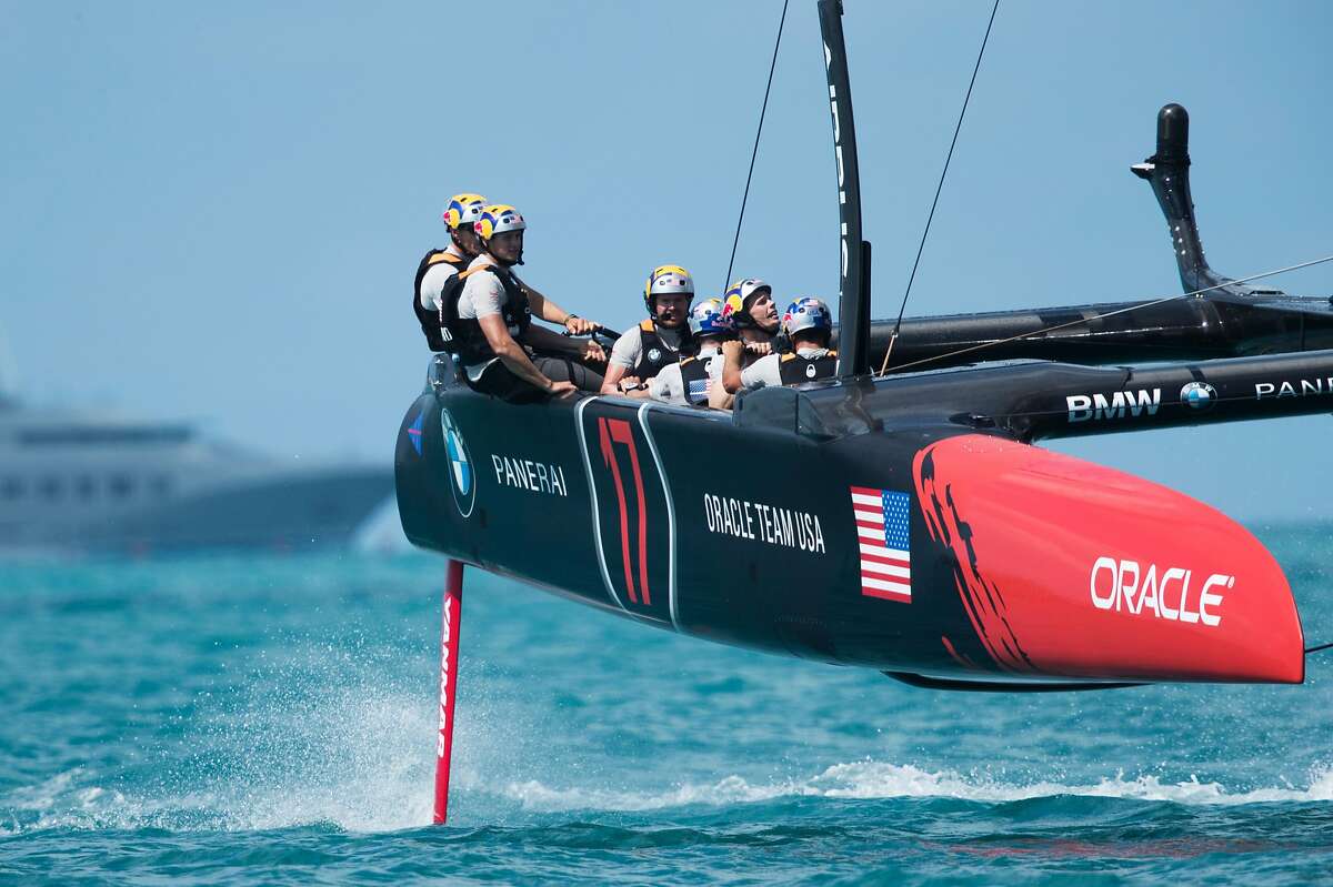 Oracle Team USA skippered by Jimmy Spithill competes during the second day of the America's Cup on May 28, 2017 on Bermuda's Great Sound. / AFP PHOTO / AFP/AFP/Getty Images