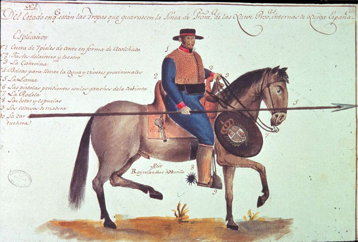 Ramón de Murillo, an officer in the presidio service, proposed a complete reform of the frontier defense system at the beginning of the nineteenth century. As part of his proposal he made this now well-known sketch of a presidio soldier. A full explanation of the image along with the proposal can be found in Jesús F. de la Teja, intro., “Ramón de Murillo’s Plan for the Reform of New Spain’s Frontier Defenses,” Southwestern Historical Quarterly 107, no 4 (2004): 501-33.