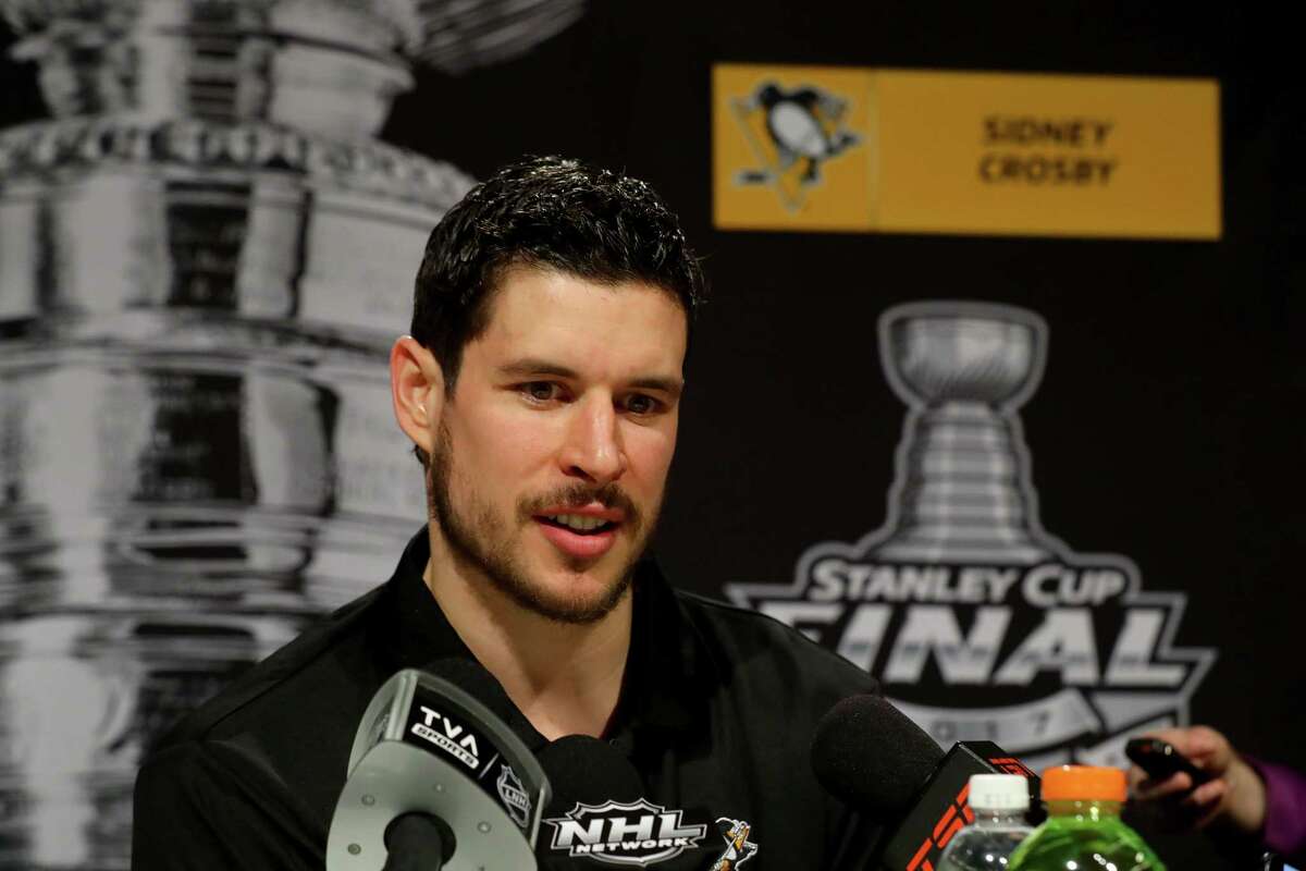 PITTSBURGH, PA - MAY 28: Sidney Crosby #87 of the Pittsburgh Penguins answers questions during Media Day for the 2017 NHL Stanley Cup Final at PPG PAINTS Arena on May 28, 2017 in Pittsburgh, Pennsylvania. (Photo by Bruce Bennett/Getty Images)