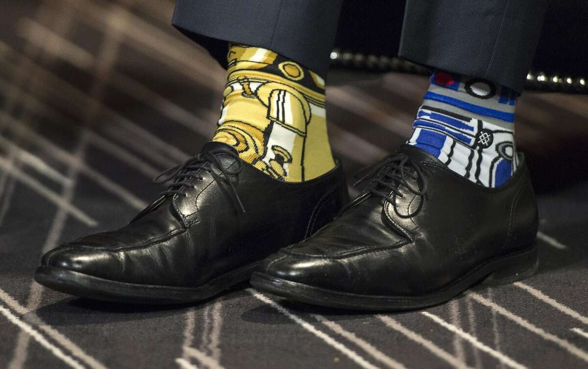 Canada's Prime Minister Justin Trudeau's Stars Wars-themed socks are seen as he meets with his Irish counterpart Enda Kenny Thursday, May 4, 2017, in Montreal. (Paul Chiasson/The Canadian Press via AP)