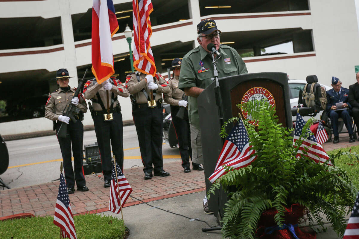 Jimmie Edwards, chairman of the Veterans Memorial Commission, speaks during the Memorial Day Ceremony on Monday, May 29, 2017, at Montgomery County War Memorial Park in Conroe.