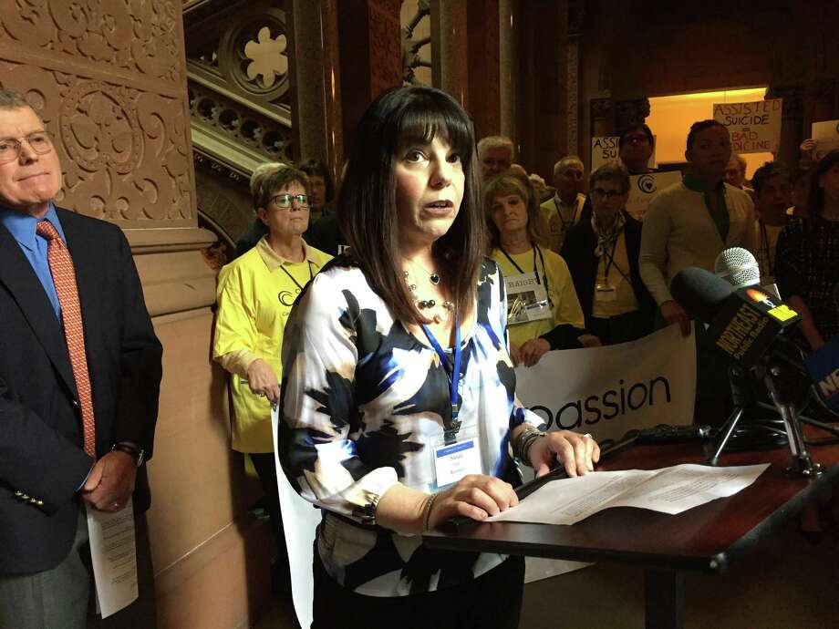 Susan Rahn, a terminal breast cancer patient from Rochester, discusses her support of medical aid in dying at the state Capitol in Albany, N.Y., Tuesday, May 9, 2017. (Matthew Hamilton/Times Union)