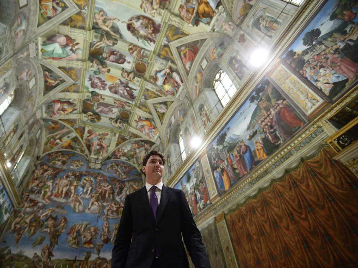 Canadian Prime Minister Justin Trudeau tours the Sistine Chapel at the Vatican on Monday, May 29, 2017. (Sean Kilpatrick/The Canadian Press via AP)